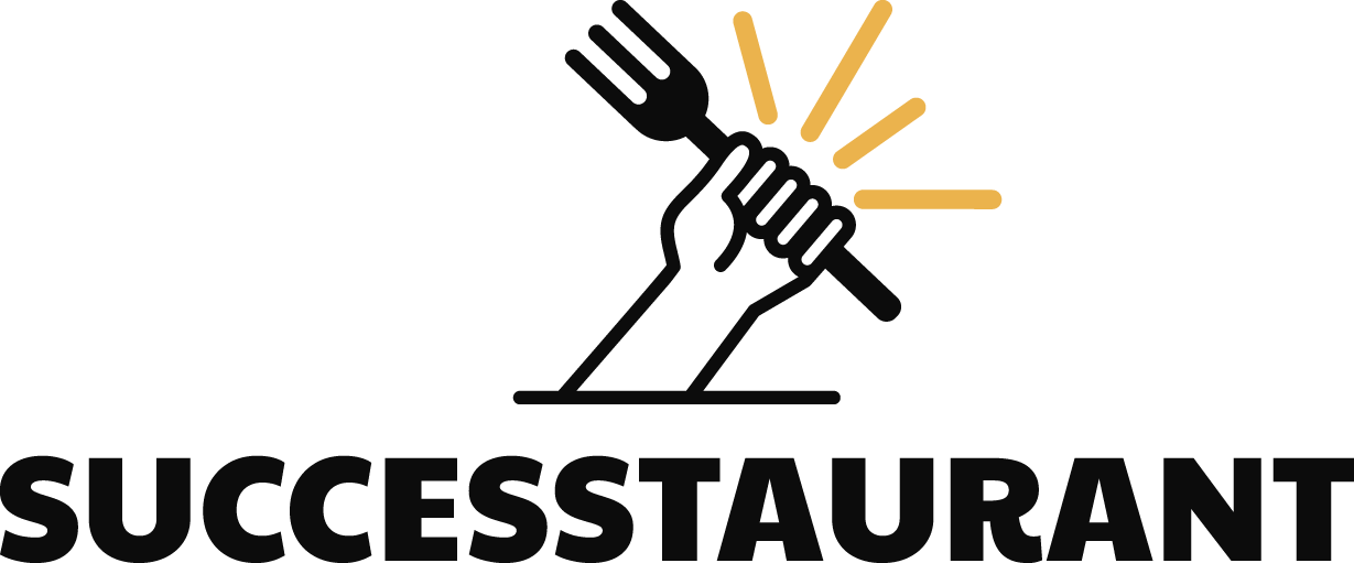 A logo for a restaurant called successtaurant with a hand holding a fork.