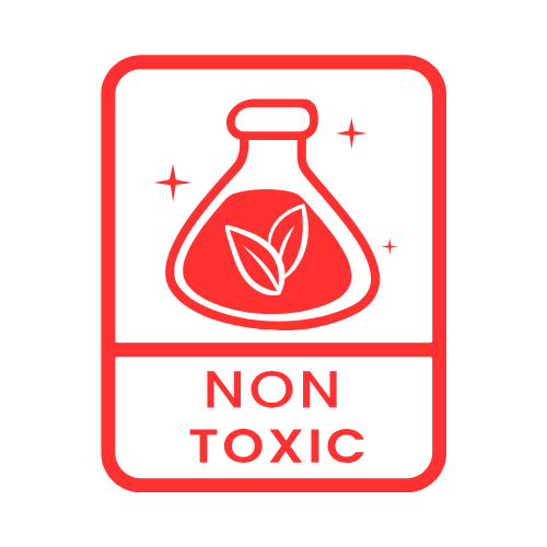 Étiquette rouge et blanche « Non toxique » représentant une fiole avec des feuilles à l'intérieur.