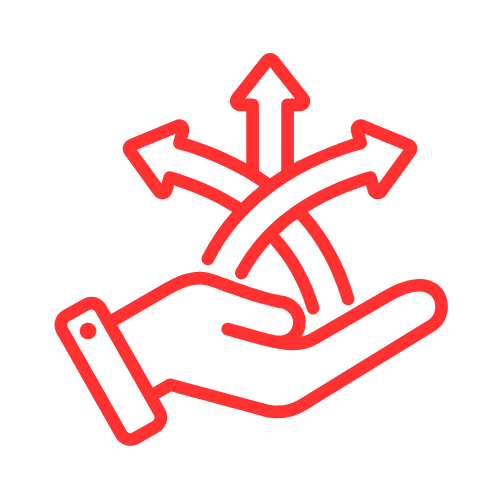 Main rouge avec trois flèches pointant vers le haut symbolisant des choix ou des options.