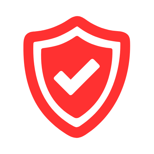 Bouclier rouge avec une coche blanche, symbolisant la sécurité et l'approbation.