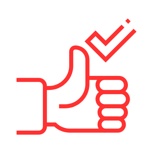 Pouce rouge levé avec une coche, symbolisant l'approbation et le succès.