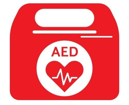 Appareil DEA rouge avec symbole de cœur blanc et texte.
