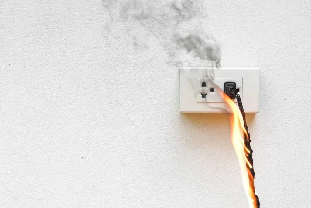 Prise électrique et cordon en feu, émettant de la fumée sur un mur blanc.