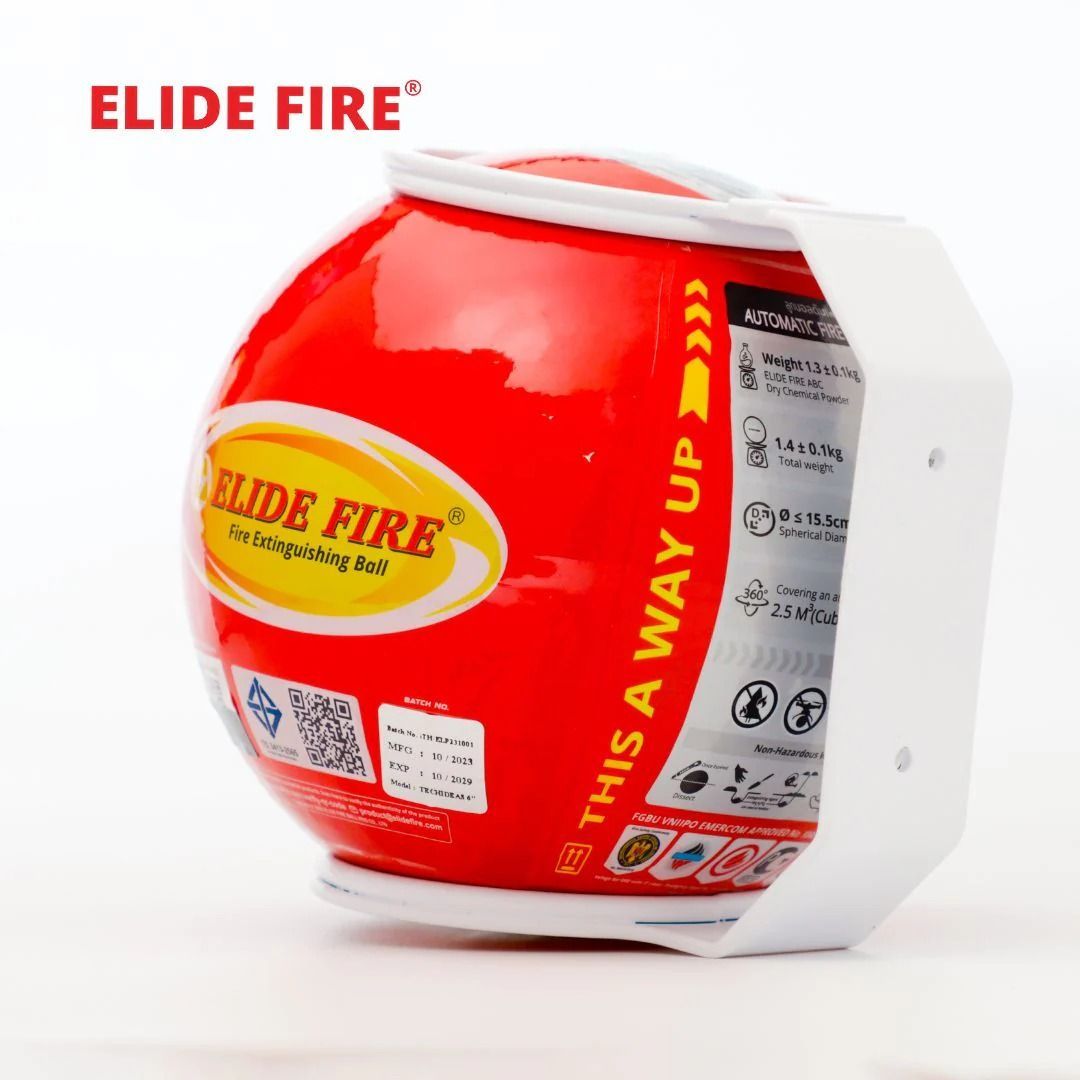 Boule d'extinction d'incendie ELIDE rouge en support mural blanc.