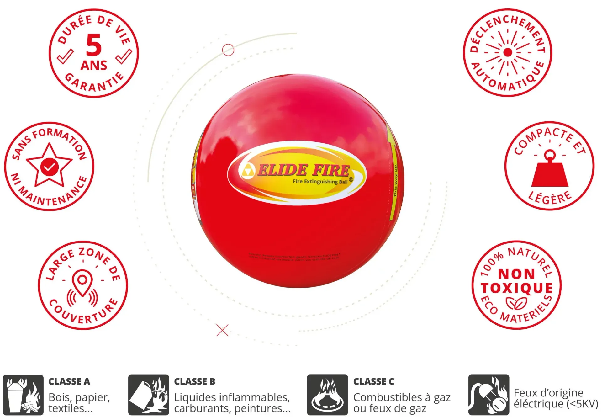 Boule extinctrice rouge avec plusieurs étiquettes circulaires en français, vantant ses caractéristiques.