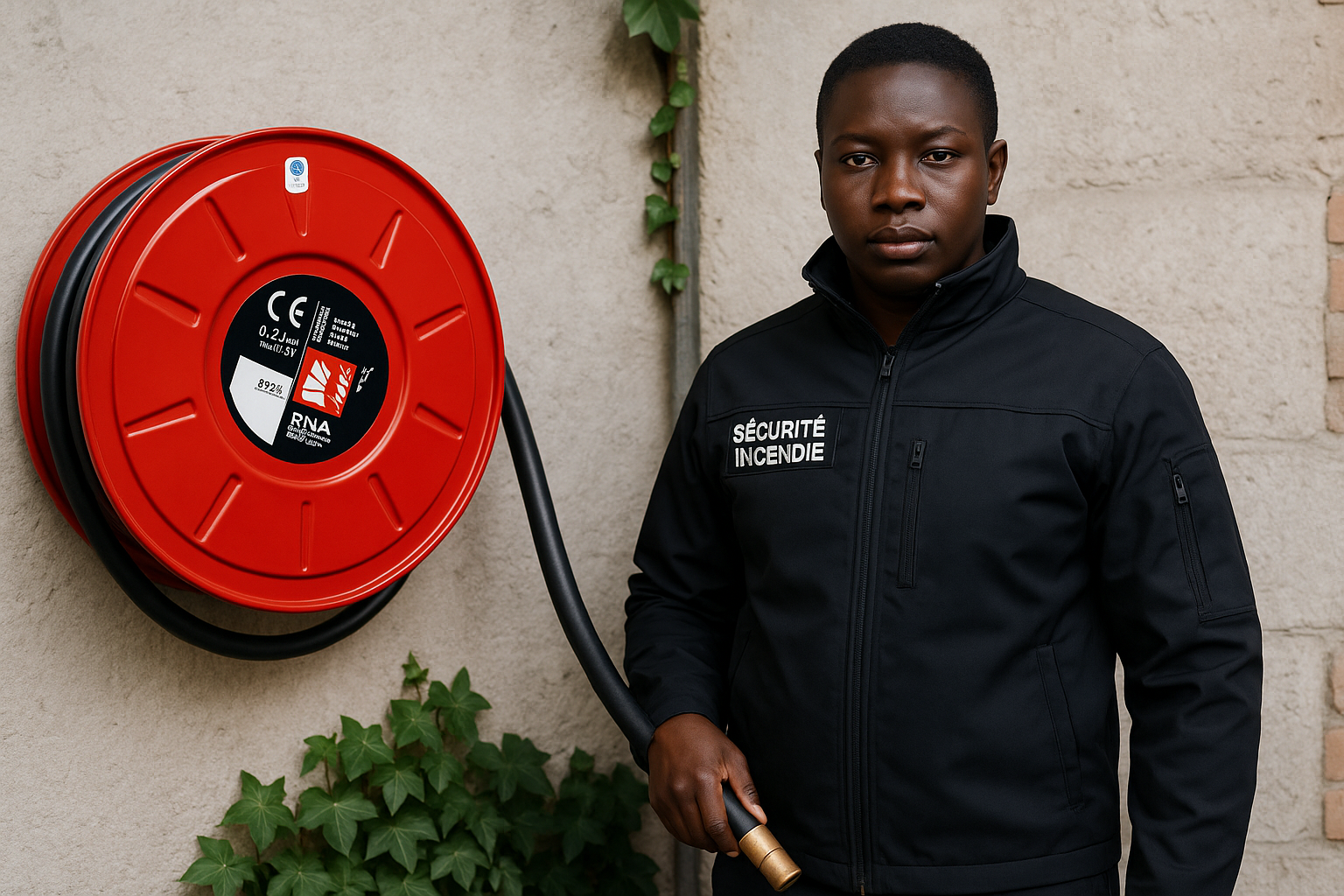 Agent de sécurité noir debout à côté d'un enrouleur de tuyau d'incendie rouge sur un bâtiment.
