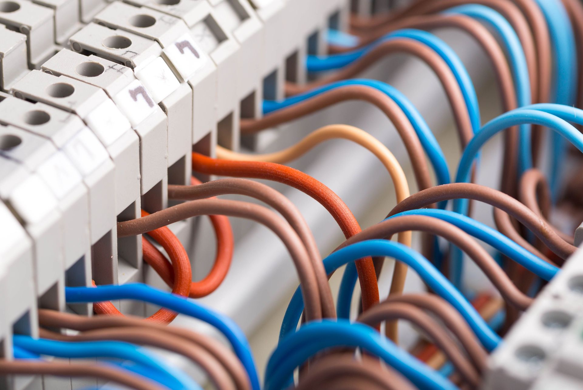 Bornier de câblage électrique, avec fils marron, bleu et orange connectés.