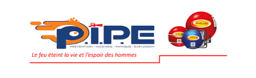 Logo de PIPE, avec texte bleu et flamme. Trois sphères rouges et bleues à droite.