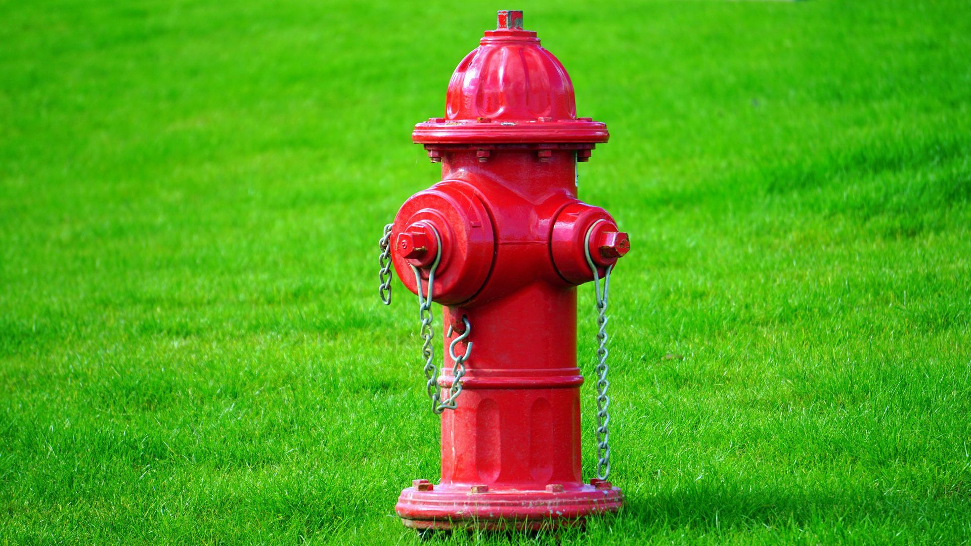Bouche d'incendie rouge sur une pelouse verte.