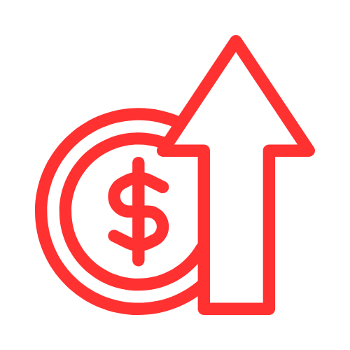 Pièce rouge avec signe dollar et flèche vers le haut, représentant la croissance.