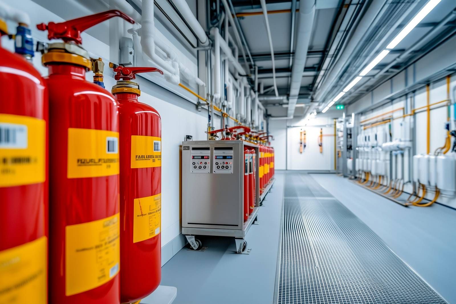 Des extincteurs rouges bordent un couloir utilitaire brillamment éclairé.