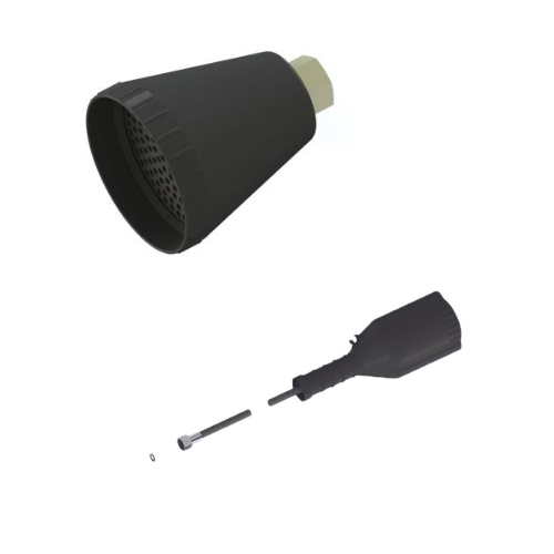 Deux pommes de douche noires démontées, une entière, une vue éclatée.