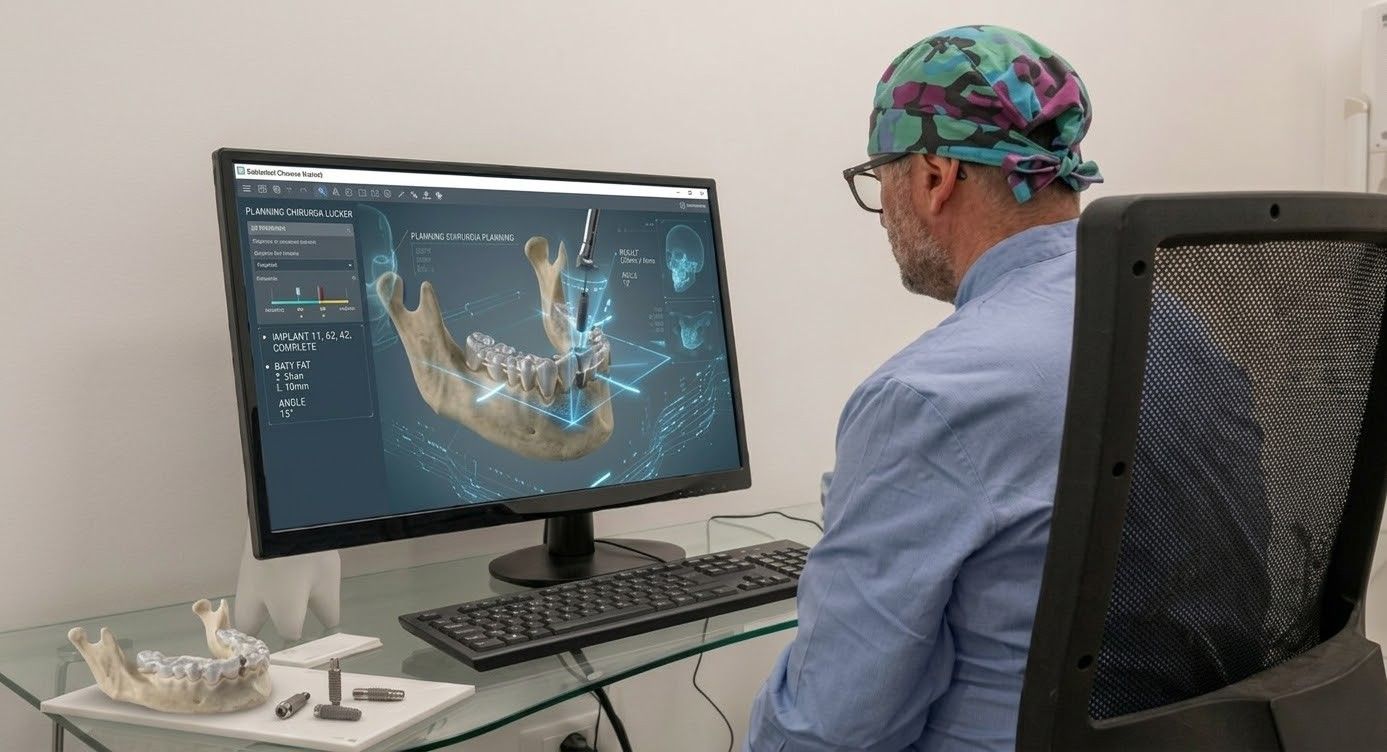 Un dentista, in camice e occhiali, lavora su un modello digitale tridimensionale di una mandibola sullo schermo di un computer nel suo studio.