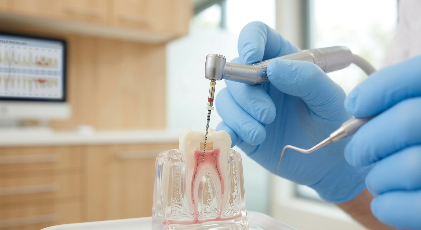 In uno studio dentistico, un dentista con i guanti blu utilizza un trapano su un modello di dente trasparente.