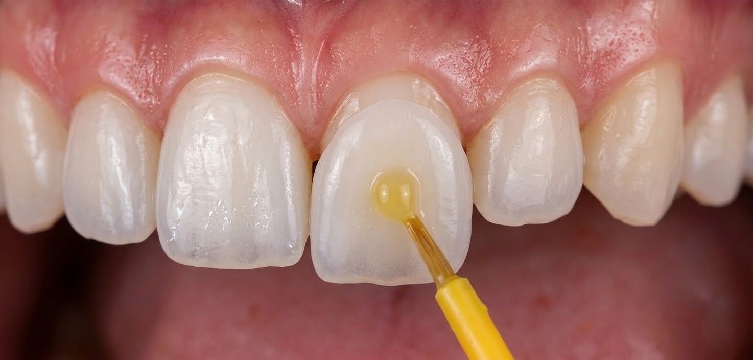 Durante una procedura clinica, un applicatore dentale a spazzolino stende un agente legante giallo sulla superficie di un dente frontale.