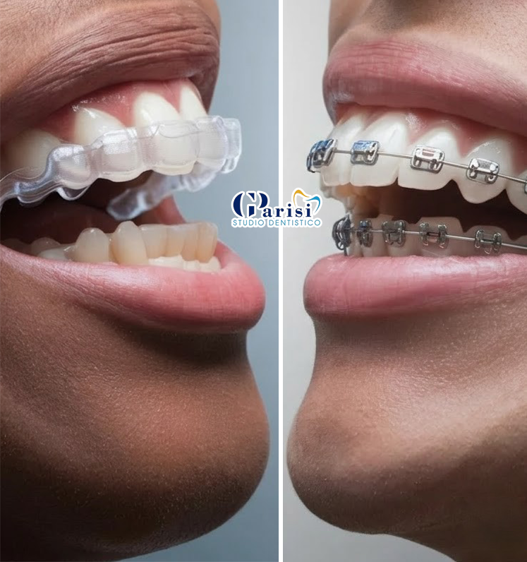 Un confronto affiancato tra allineatori trasparenti in plastica a sinistra e apparecchi ortodontici tradizionali in metallo a destra.