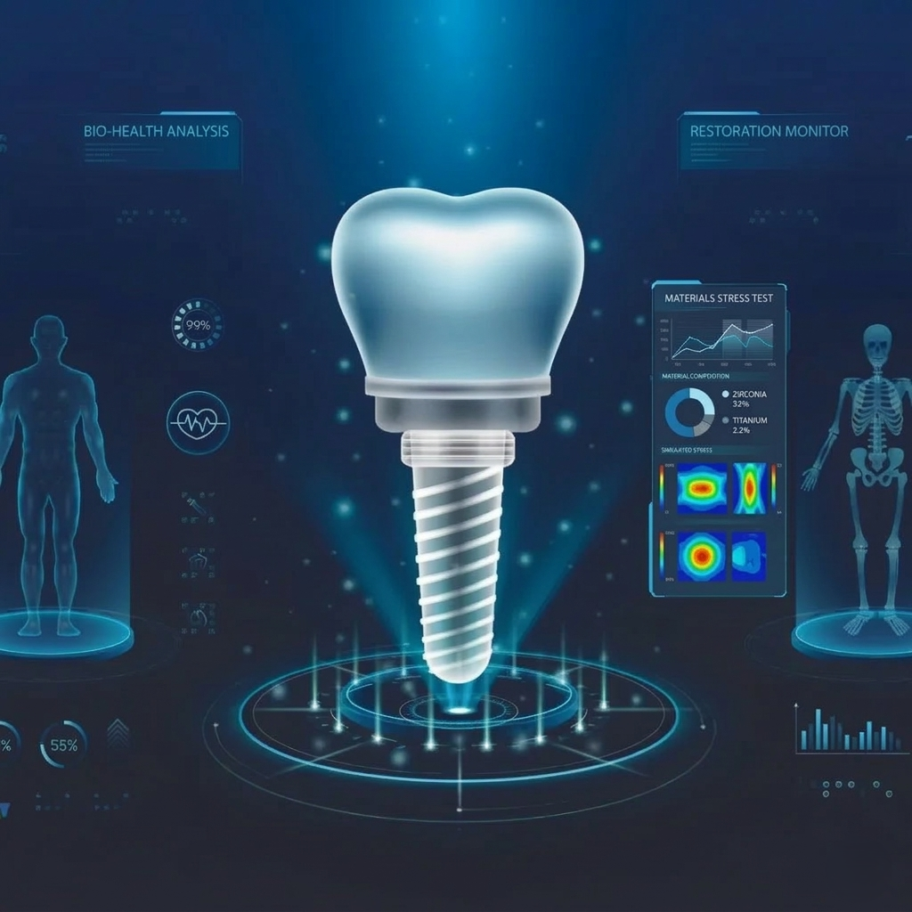 Grafica 3D di un impianto dentale centrata su uno sfondo blu high-tech, affiancata da sagome di corpi umani e scheletri.