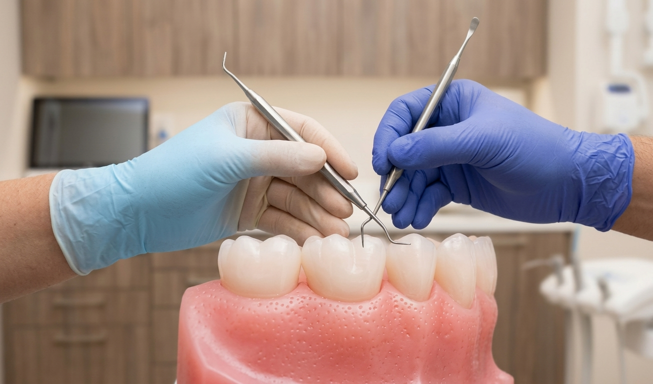 Mani avvolte in guanti blu e azzurri utilizzano strumenti odontoiatrici per esaminare un modello di denti umani in un ambiente clinico.
