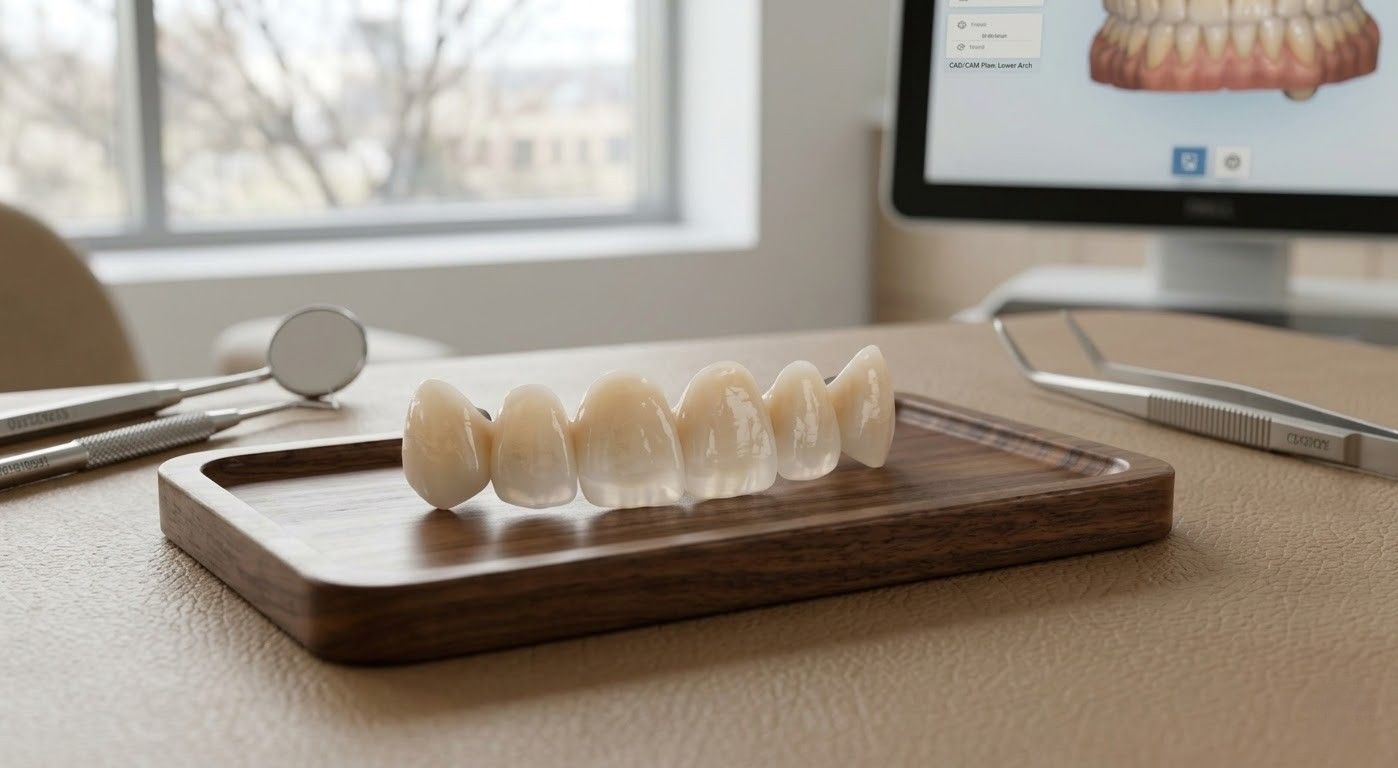 Un ponte dentale appoggiato su un piccolo vassoio di legno, con strumenti odontoiatrici e un monitor sullo sfondo.