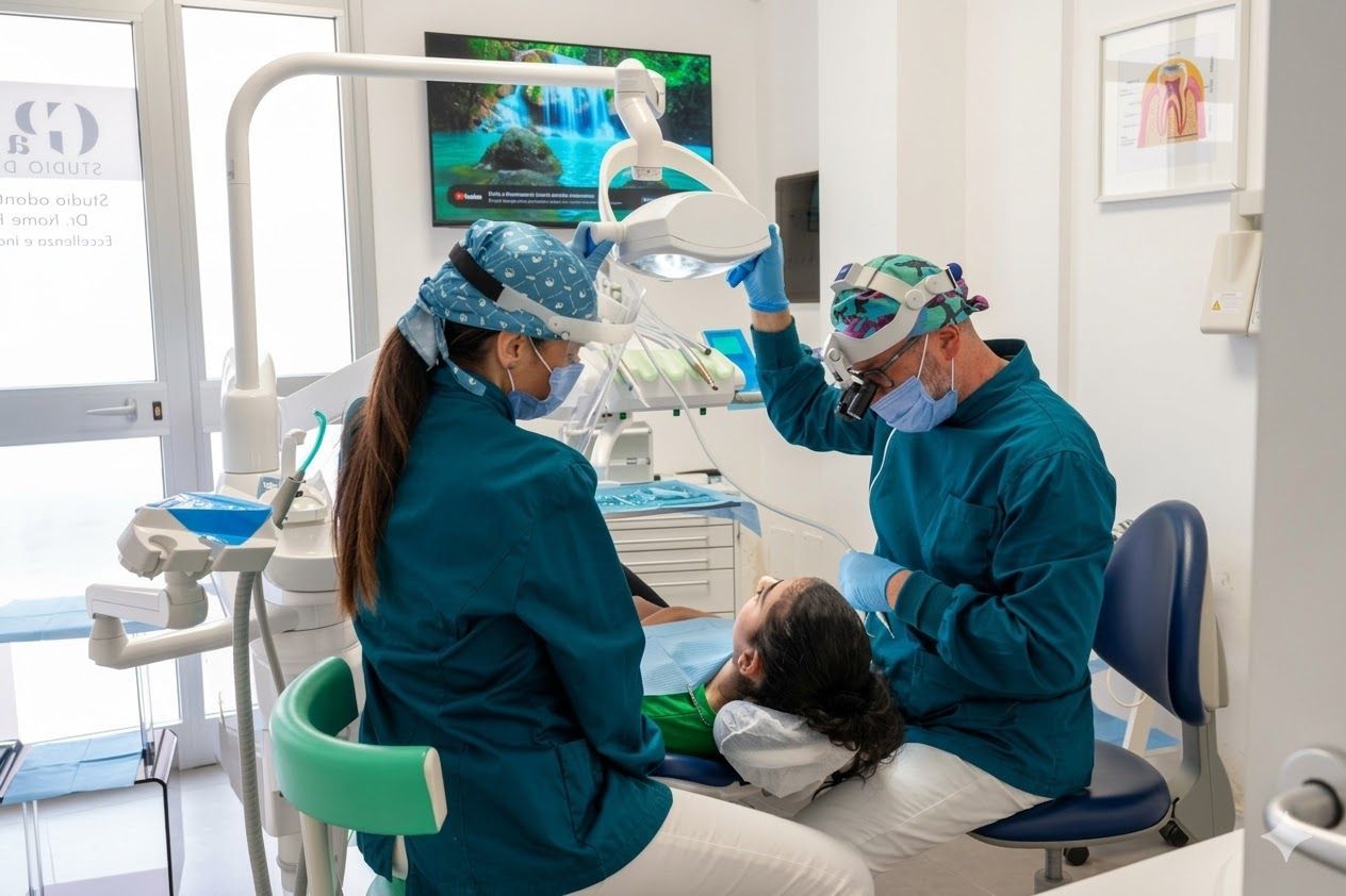 Due professionisti del settore dentale, in camice e mascherina, eseguono una procedura su un paziente in una luminosa sala visite.