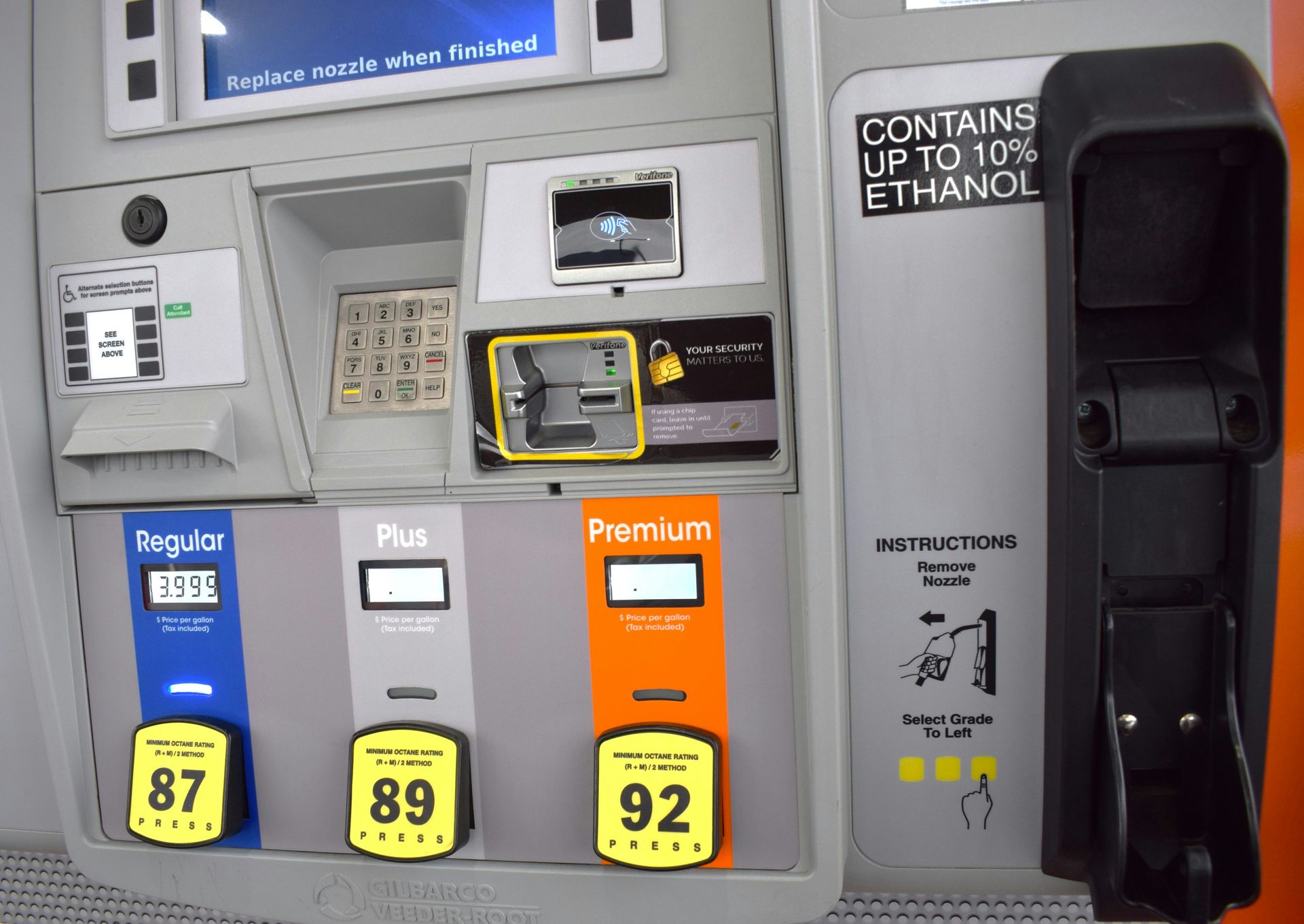 A gas pump that contains up to 10 % ethanol