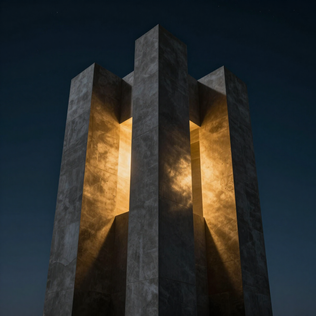 Tall concrete light sculpture glowing warm yellow against a dark blue night sky