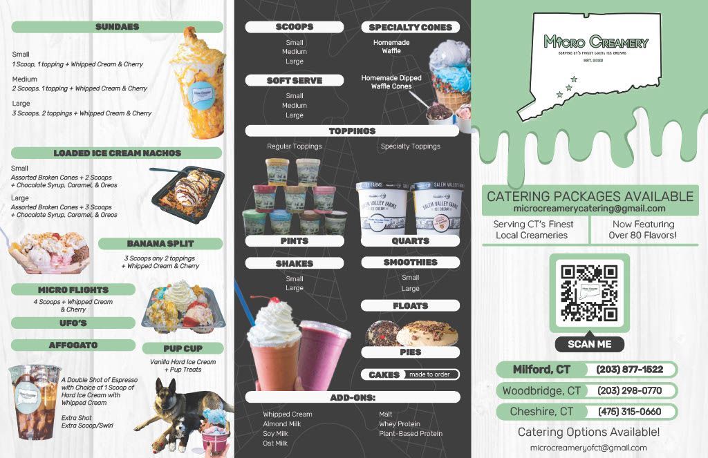Menu for Mystic Creamery featuring ice cream sundaes, scoops, and catering packages, with green and white color scheme.