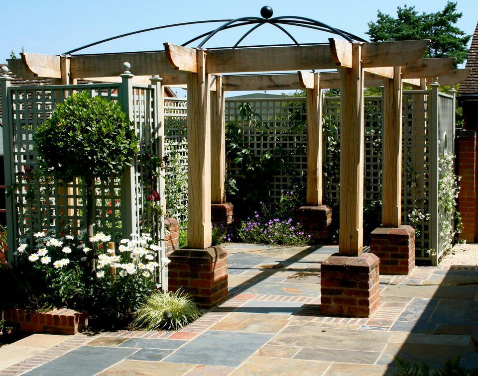 large wooden foyer in a garden
