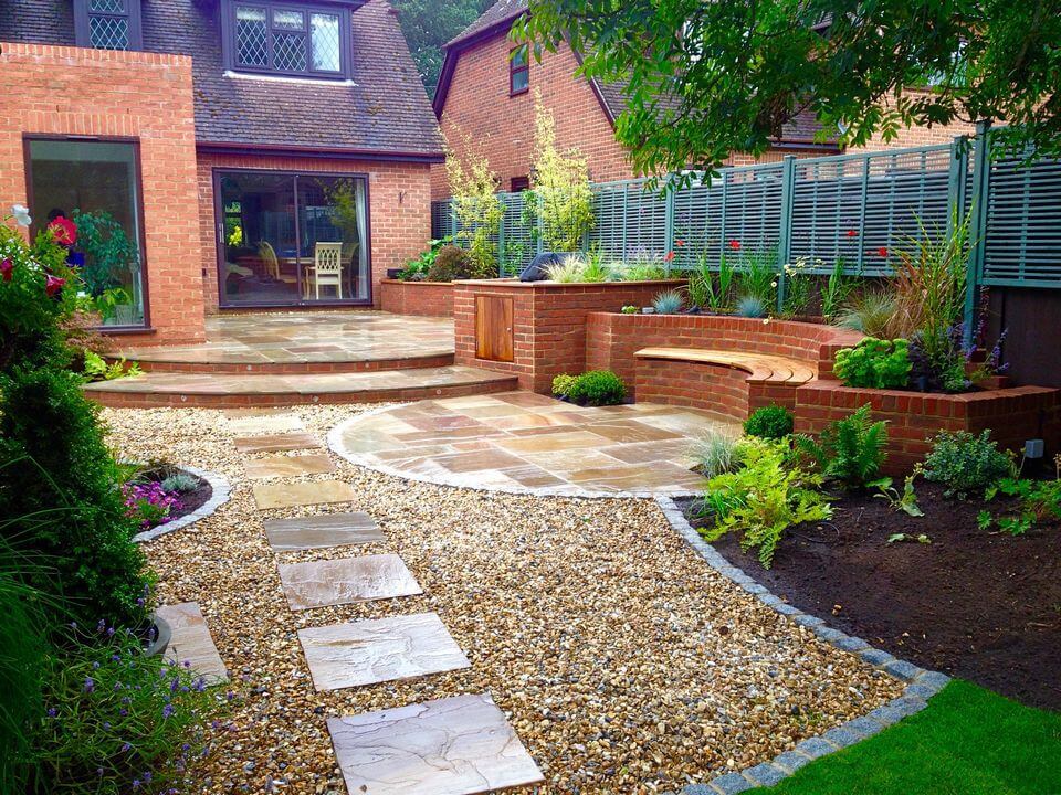modern pebble garden with a view to the house