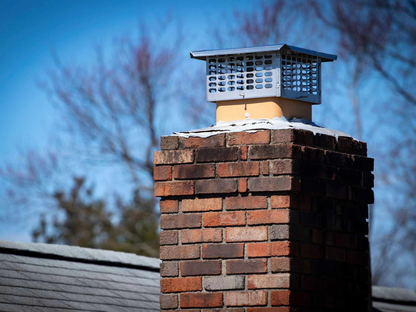Brick chimney with a metal cap on a rooftop, with bare trees in the background.