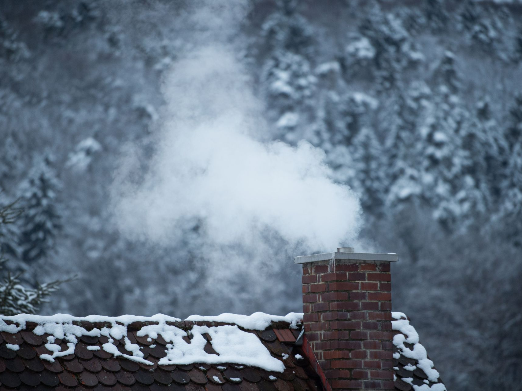 Snow-covered roof with brick chimney emitting white smoke against a snowy, forested backdrop.