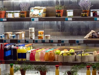 food items on a refrigerated shelf