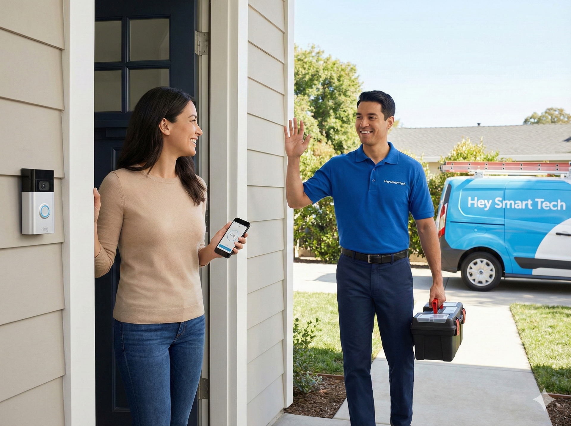 Woman opens door, looking at service tech waving. Smart doorbell on the wall. Van in the background.