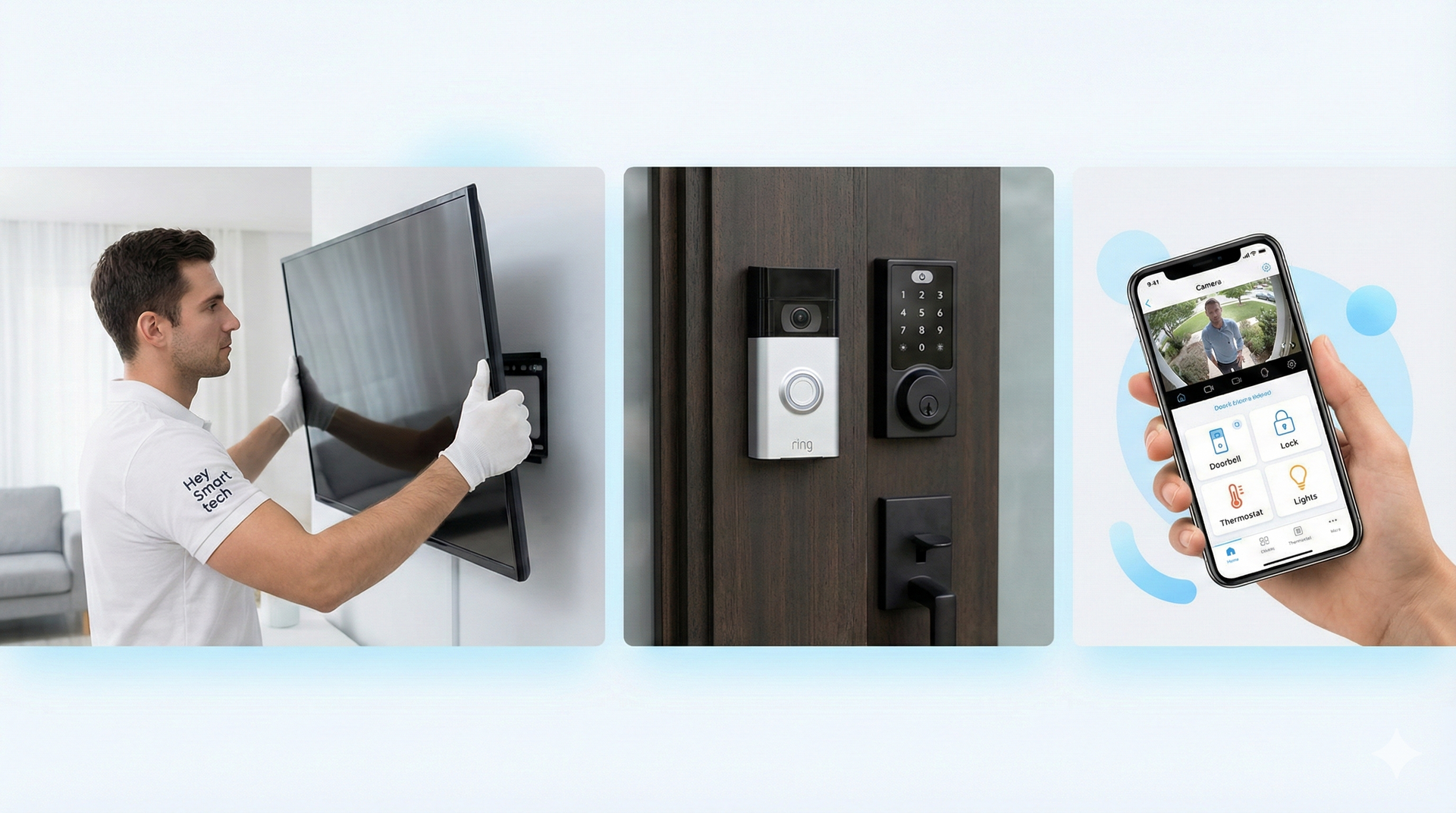 Man mounting a TV, security door lock set, and phone displaying a doorbell camera feed.