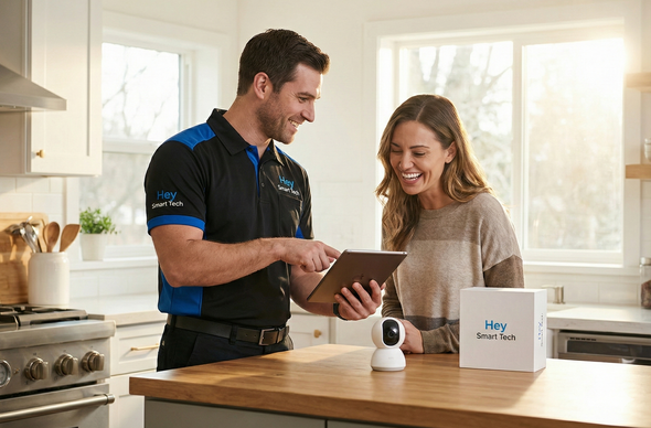 A technician showing a woman a tablet in a kitchen; a security camera and box sit on the counter.