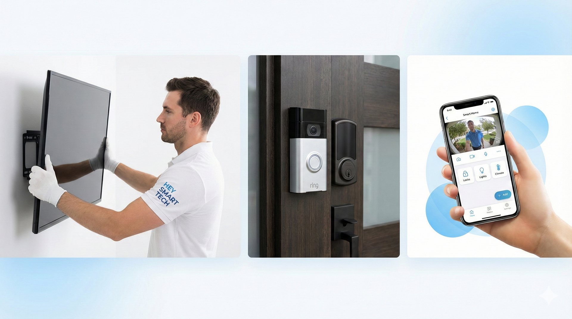 Man installing a TV on a wall, smart doorbell on door, and phone showing a security app interface.