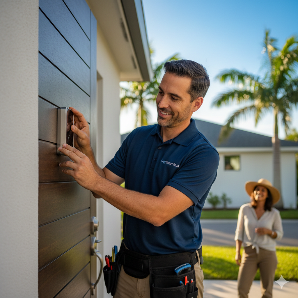 Man in blue shirt installs a smart doorbell on a wooden door. Smiling woman watches. Outdoors.