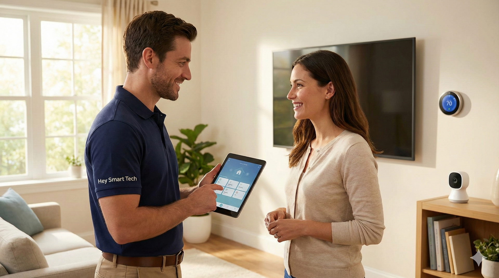 Man shows tablet to woman; smart home thermostat and security camera visible.