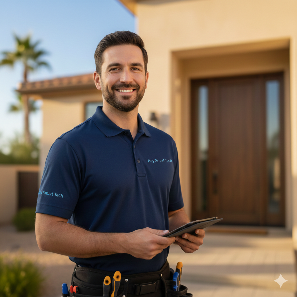 Man smiling, holding tablet, wearing tool belt and blue polo shirt in front of a house.