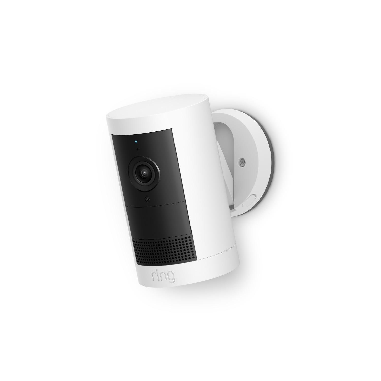 White and black Ring security camera mounted on a white wall.