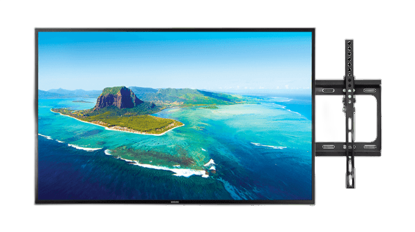 Large flat-screen TV mounted on a black bracket, displaying a tropical island scene with blue water and lush green land.