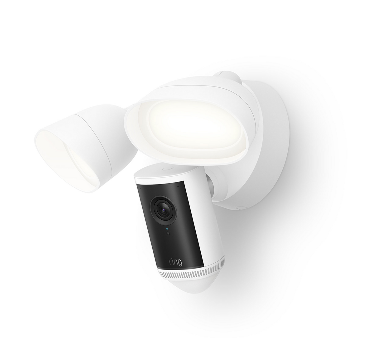 White Ring floodlight security camera mounted on a wall. It has two lights and a camera.