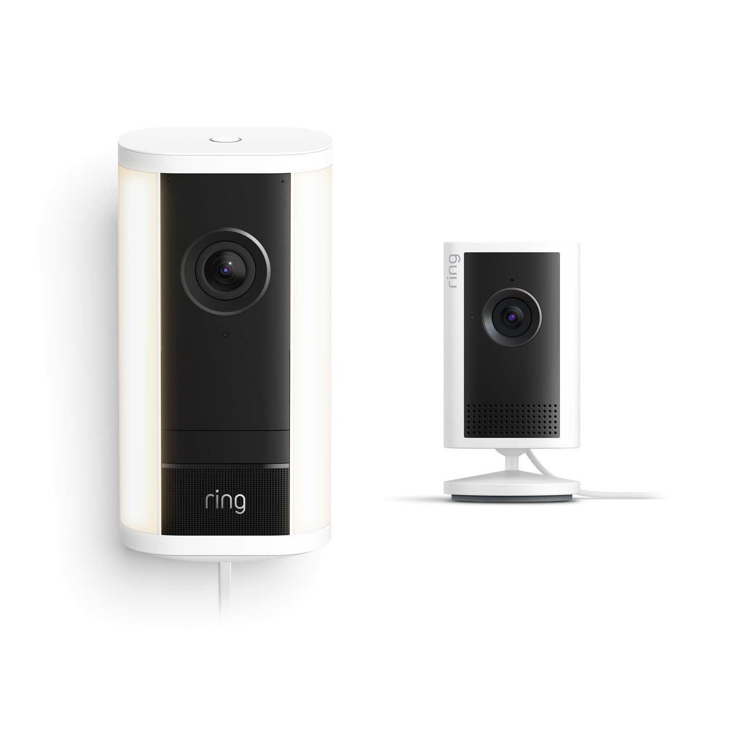 Two white Ring security cameras, one cylindrical and wall-mounted, the other square and on a stand.