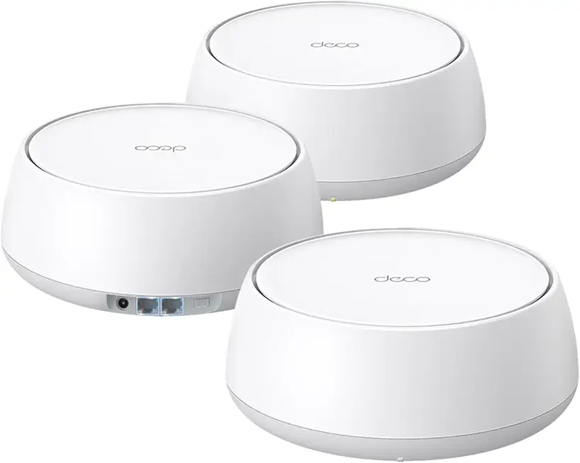 Three white mesh WiFi devices, circular with rounded bases.