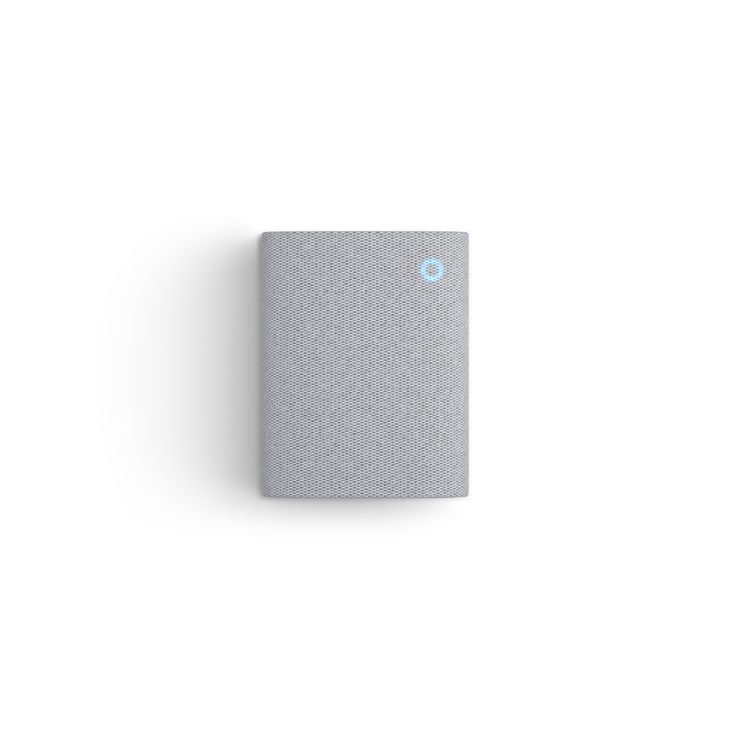 Gray woven-textured air purifier with a light blue power button on a white background.