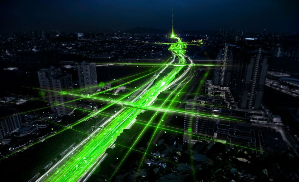 Concept of smart city network, internet communication and digital traffic management system.
