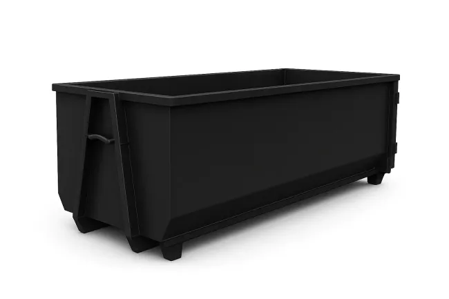 A black dumpster is sitting on top of a white surface.