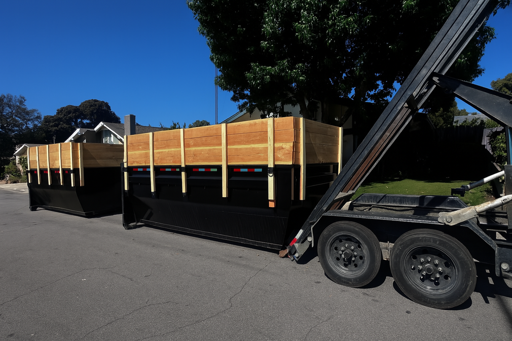 A black dumpster is sitting on top of a white surface.