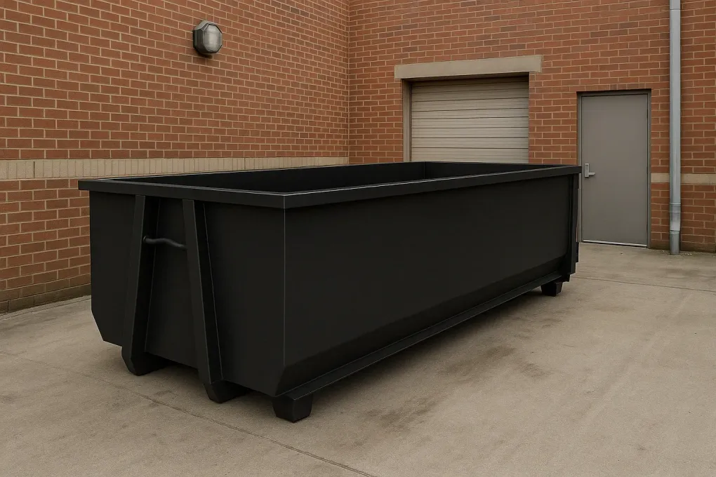 A large black dumpster is parked in front of a brick building.