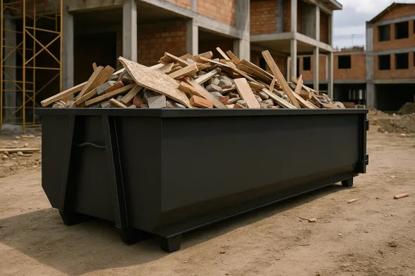 A dumpster filled with wood and rocks is sitting in front of a building under construction.